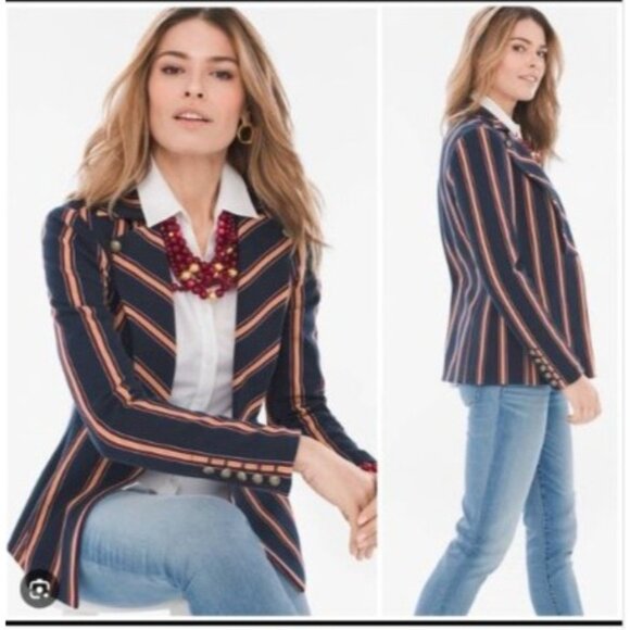 Chicos Womens Striped Blazer Jacket Size 8 ponte knit navy striped open - Picture 7 of 7